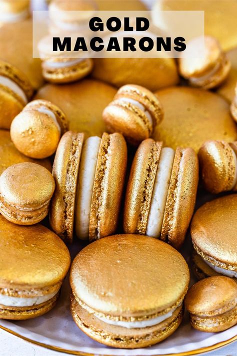 I made these Gold Macarons to celebrate St Patrick’s Day. Initially, I wanted to make small gold coins for my Pot of Gold Macarons. And that’s why these macarons are filled with a Baileys Ganache, to fit the whole St Patrick’s theme. #desserts #macarons #stpatricksday Baileys Ganache, Gold Macaroons, Gold Macarons, Macaron Filling, Gold Dessert, Princess Birthday Cake, Macaroon Recipes, Macaron Recipe, Gel Food Coloring