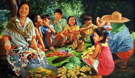 Filipinos are known for having strong and close family ties. They place high regard and put importance on their family before anything else. They work all day and do all they can to feed and provide for their family. Philippine Traditions, Composition Painting, Church Backgrounds, Filipino Art, Philippine Art, Philippines Culture, Filipino Culture, Family Ties, Family Feast