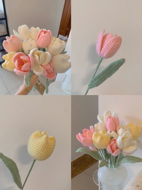 Tulip Flower Bouquet, Beautiful Room Decor, Crochet Tulip, Bouquet Crochet, Crochet Flower Bouquet, Crochet Flowers Easy, Confection Au Crochet, Flowers Birthday, Crochet Bouquet