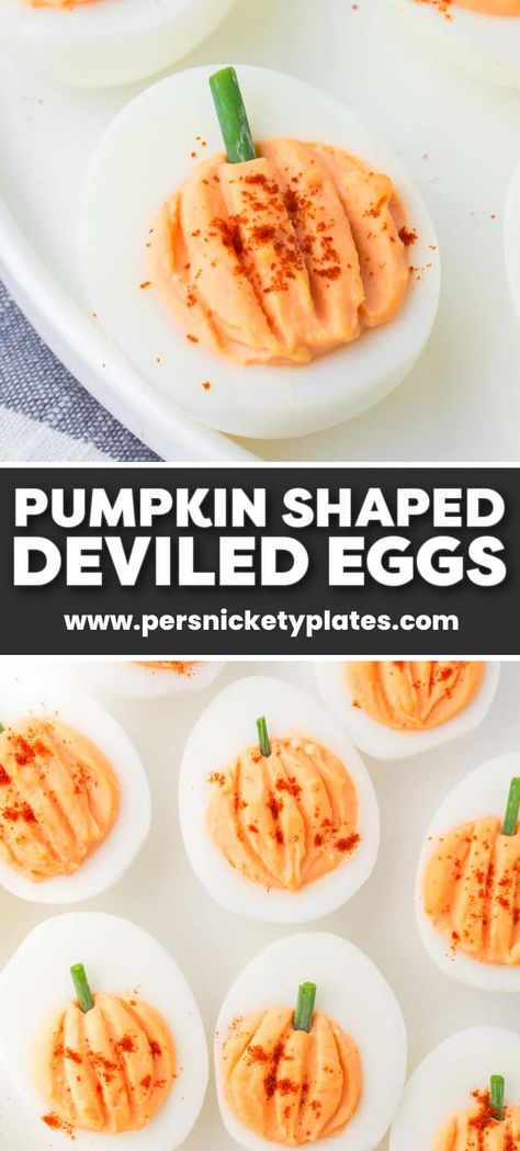 A fun fall take on classic deviled eggs, these easy Pumpkin Deviled Eggs are the perfect appetizer for Halloween, Thanksgiving, or any fall gathering. Deviled Eggs For Fall, Pumpkin Shaped Deviled Eggs, Deviled Halloween Eggs, Pumpkin Vegetable Tray, Deviled Egg Pumpkins, Deviled Eggs Halloween Appetizers, Pumpkin Deviled Eggs Recipe, How To Serve Deviled Eggs, Deviled Eggs Pumpkin