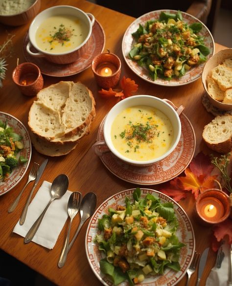 Soup and Salad Combo for Parties	 Perfect for gatherings! Serve:  1. Broccoli cheddar soup 2. Caesar salad with croutons 3. Garlic bread 4. Pumpkin soup . #5dishchallenge #icancookchallenge #recipes #food #salad #soup #delicious #vegetables #cooking #pasta #foodie #foodporn #cooking Fine Dining Soup, Salad With Croutons, Soup And Salad Combo, Soup Party, Food Benefits, Cooking Pasta, Salad Soup, Food Salad, Broccoli Cheddar Soup