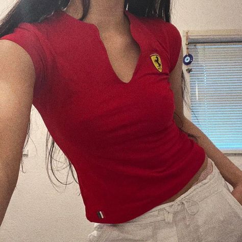 Ferrari Top Outfit, Ferrari Shirt Outfit, Ferrari Clothes, Ferrari Merch, Aesthetic Formula 1, Ferrari Top, Formula 1 Aesthetic, Ferrari Shirt, Ferrari Girl