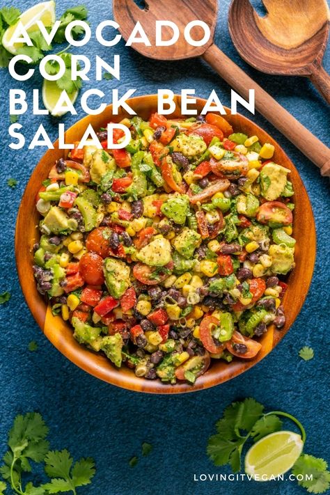 This delicious avocado corn black bean salad is fresh, colorful and loaded with crunchy veggies. Served with a tangy lime dressing. | lovingitvegan.com Black Bean Corn Avocado Salad, Bean Corn Avocado Salad, Corn Black Bean Salad, Bean Salad Dressing, Black Bean And Corn Salad, Corn Black Bean, Bean And Corn Salad, Crunchy Veggies, Corn Avocado