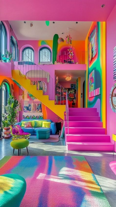 Rainbow House Interiors, House Ideas Colorful, Vaporwave Interior Design, 90s House Decor, Bright Room Decor, Funky Interior Design, Fun Bathroom Decor, Funky Bedroom, Retro Room Decor