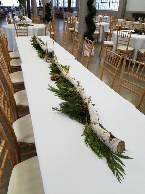 Lantern And Antler Centerpieces, Birch Centerpieces Christmas, Christmas Centerpiece Long Table, Evergreen Table Decorations, Christmas Long Table Centerpieces, Twigs Centerpieces, Pine Tree Centerpiece, Birch Tree Wedding Decor, Birch Wedding Centerpieces