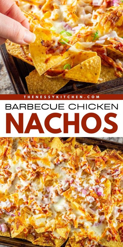 Always an easy appetizer recipe for a crowd! It's one of the best game day recipes for loaded nachos. Complete with your favorite toppings, these sheet pan Barbecue Chicken Nachos are sure to be a hit! So, grab some tortilla chips for this fun party snack! Barbecue Chicken Nachos, Loaded Nachos Recipe, Nacho Recipes, Bbq Chicken Nachos, Sheet Pan Nachos, Recipe For A Crowd, Pan Nachos, Chicken Nachos Recipe, Easy Nachos