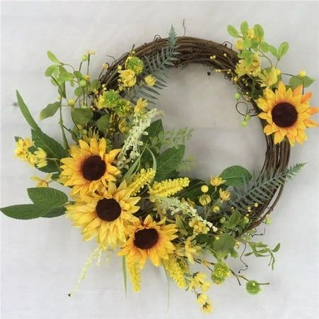 Sunflowers & Greens on Vine Wreath. A beautiful accent piece for a door or a wall. A wreath will brighten any space you hang it. Features Eye-catching designs, colors Beautiful decoration capability featureSpecifications Weight: 4.5 lbs - SKU: ZX9MRJT25380 Color: Multicolor. Sun Flower Decorations Ideas, Summer Floral Wreath, Door Reefs Ideas, Autumn Wall Hanging, Sunflower Wreaths For Front Door, Autumn Grapevine Wreath Ideas, Summer Wreaths For Front Door, Summer Wreaths, Sunflower Wreath