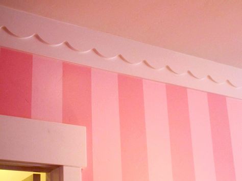 scalloped molding Scalloped Molding, Circus Room, Girl Bathroom Decor, Kids Rooms Shared, Striped Walls, Shared Rooms, Kids Play Area, Girls Bathroom, Parade Of Homes