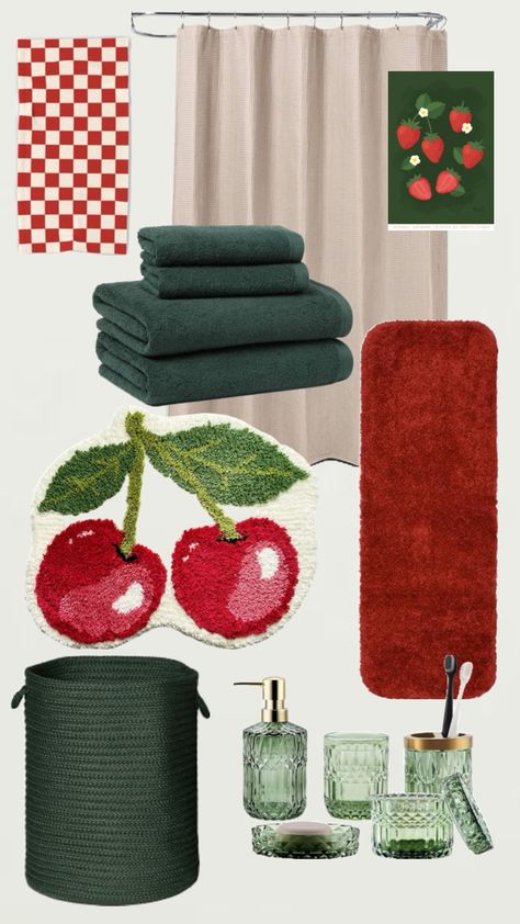 Funky Bathroom Ideas, Cherry Bathroom, Funky Bathroom, Red Bathroom Decor, Retro Bathroom Decor, Black Bathroom Decor, Girly Apartments, Retro Bathrooms, Bathroom Themes