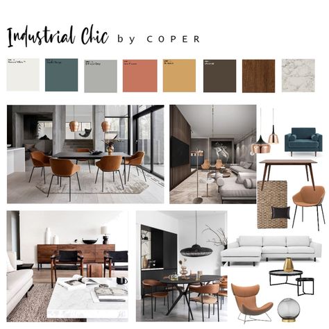 View this Interior Design Mood Board and more designs by COPER on Style Sourcebook Concept Mood Board Interior Design, Industrial Modern House Design, Mood Board For House Interior, Mood Board For Office Interiors, Color Mood Board Interior Design, Interior Design Office Mood Board, Industrial Office Mood Board, Interior Design Mood Board 2023, Mix And Match Interior Design