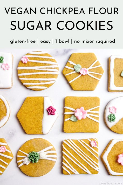 Vegan chickpea flour cut-out cookies are grain-free, gluten-free & easy to make. They have a nutty flavor that is perfect plain or iced. #sugarcookies #glutenfree #grainfree #nutfree #vegan #cutouts #cutoutcookies #rolledsugarcookies #decoratedcookies #vegancookies #grainfreecookies #chickpeaflour #chickpeaflourcookies #decoratedsugarcookies #nutfreecookies #4ingredients #easy #1bowl #1bowlcookies Vegan Royal Icing, Nut Free Cookies, Grain Free Cookies, Vegan Chickpea, Rolled Sugar Cookies, No Flour Cookies, Vegan Eggs, Chickpea Flour, Flour Recipes