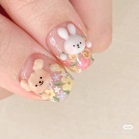 Korean Bear Nails, Cute Nails For Summer, Bear Nails, Korean Bear, Nails For Summer, Fake Nails Long, Korean Nail Art, Bears Nails, Home Nail Salon