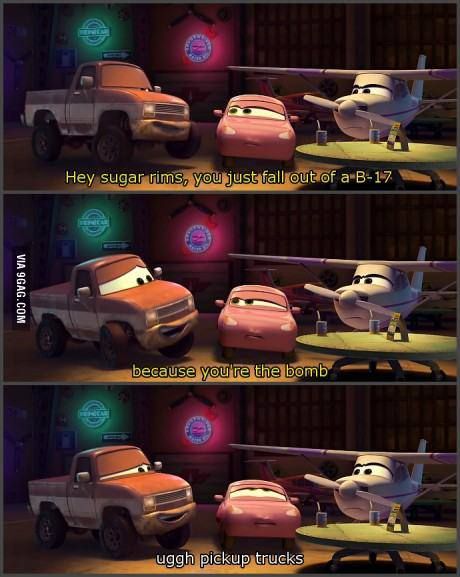 I'm not a fan of Cars movies, but I couldn't help but laugh. Finn Mcmissile, Disney Cars Wallpaper, Cars Pixar, Jackson Storm, Aviation Humor, Disney Planes, Pickup Lines, Online Comics, Car Memes