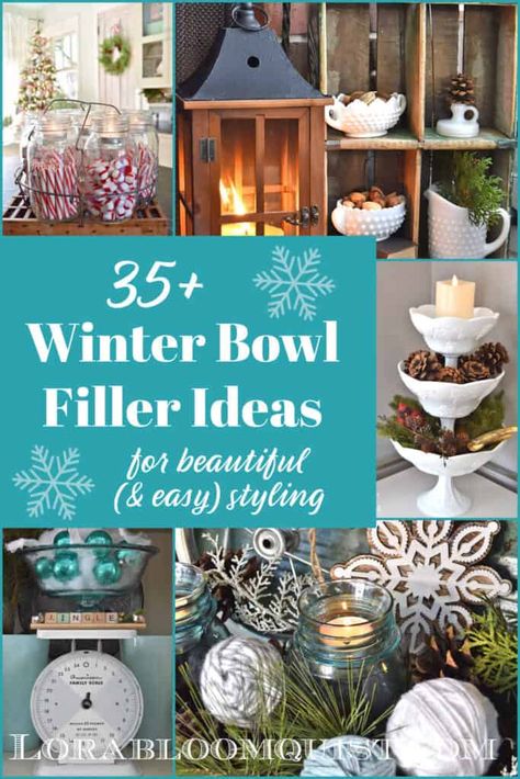 35+ Decorative Bowl Filler Ideas for Beautiful (& easy) Winter and Christmas Decor - Lora Bloomquist~Create & Ponder Winter Dough Bowl Decor, Decorative Bowl Filler Ideas, Bowl Filler Ideas, Diy Bowl Fillers, Candle Holders Decor Ideas, Winter Bowl, Vase Fillers Diy, Vase Filler Ideas, Cinnamon Sticks Christmas