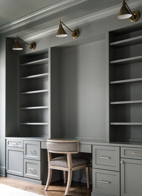 Office Cabinetry Built Ins, Built In Bookshelf Wall With Desk, Masculine Office With Built Ins, Modern Built In Bookshelves Office, Built In Home Office Cabinets, Custom Office Cabinets, Office Builtin Desk, Built In Desk Bookcase, Moody Office Built Ins