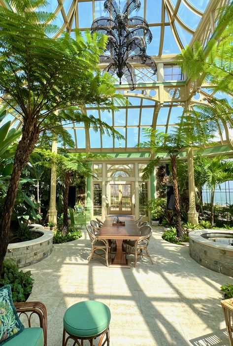 Over the years, we have noticed that a water feature is one of the most transformative elements you can add to your luxury greenhouse. >> Learn More . #customgreenhouses #greenhousewaterfeatures #greenhousedesign #gardens #palmrooms #conservatories Greenhouse Interiors Layout, Victorian Greenhouse Conservatory, Greenhouse Luxury, Dreamy Greenhouse, Tropical Conservatory, Plant Conservatory, Luxury Greenhouse, Inside Greenhouse, House Manifestation