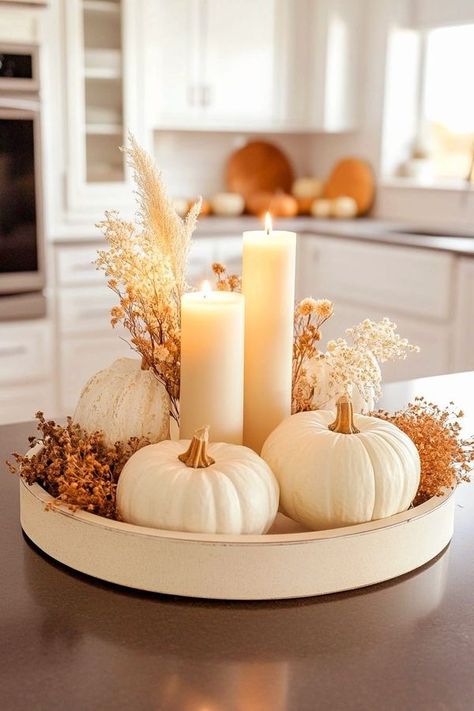 Simple Fall Centerpieces For Table, Island Centerpiece Ideas, Summer Centerpieces, Fall Decorating Ideas, Fall Table Centerpieces, Cozy Christmas Decor, Fall Kitchen, Fall Outdoor Decor, Harvest Decorations