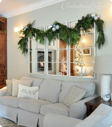 christmas family room garland Mirror Over Couch, Mirror Above Couch, Apartment Couch, Above Couch Decor, Over The Couch, Behind Couch, Faux Window, Above Couch, Couch Decor