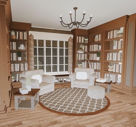 Bloxburg Library Room Ideas, Bloxburg Bay Window Ideas, Roblox Bloxburg Library Ideas, Bloxburg Reading Area, Library Bloxburg Ideas, Bloxburg Living Room Ideas Aesthetic, Bloxburg Library Ideas, Bloxburg Library, Bloxburg Entryway Ideas