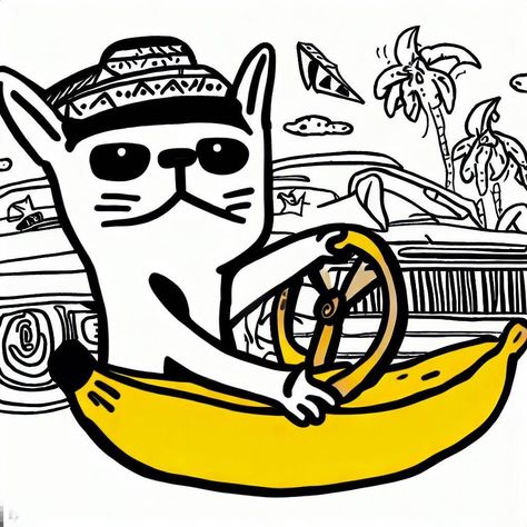 A banana cat holding a lowrider steering wheel with a Chicano mural in the background #bananacat Banana Cat, A Banana, Lowrider, Steering Wheel, Doodles, Wheel, Mural