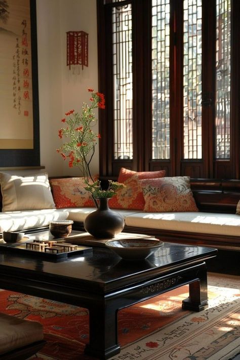 Japan Aesthetic Living Room, Japanese French Interior Design, Asian Home Aesthetic, Japanese Inspired Decor, Modern Orientalism Interior, Aesthetic Drawing Room, Chinese Room Aesthetic, Chinese Decor Asian Interior, Asian Style Interior