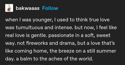 when i was younger, i used to think true love was tumultuous and intense. but now, i feel like real love is gentle, passionate in a soft, sweet way. not fireworks and drama, but a love that's like coming home, the breeze on a still summer day. a balm to the aches of the world. relationship love words quotes friendship couple boyfriend girlfriend Do All Lovers Feel Like They’re Inventing Something, Gentle Boyfriend Aesthetic, Gentle Love Couple, Gentle Love Quotes, Soft Love Quotes, Friendship Couple, Gentle Love, Couple Boyfriend, Communication Relationship