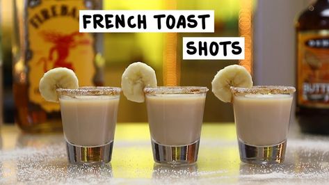 French Toast Shots - Tipsy Bartender Cheesecake Shots Alcohol, Butter Ripple Schnapps Shots, Banana Shots Alcohol, Liquor Shots Recipes, Whiskey Shots Recipes, Butterscotch Schnapps Drinks Recipes, Whiskey Shooters, Fireball Drinks, Breakfast Shot