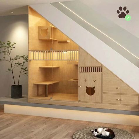 Room Under Stairs, Under Stair, Cat Area, Cat Patio, Cat Houses, Custom Millwork, Laundry Bathroom, Custom Furniture Design, Animal Room