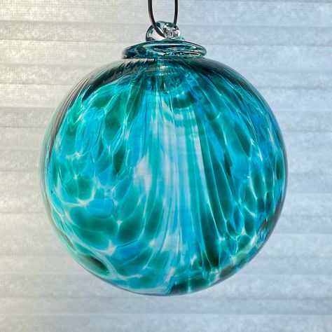 Hand Blown Glass Friendship Ball, Suncatcher, Glass Window Ornament, Hand Crafted, Greenish Blue Color Glass Ball, 3.94”, 6.8 oz, SKU-134AV