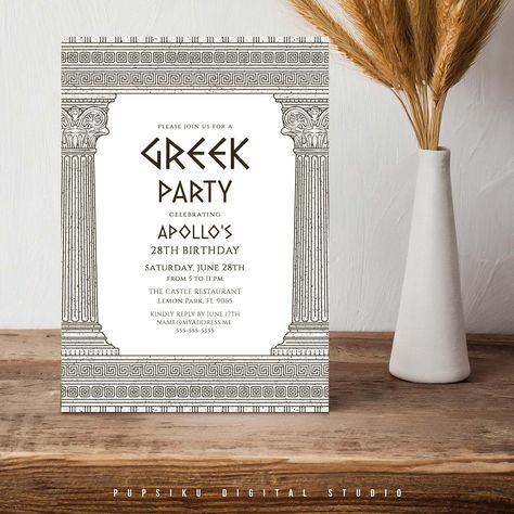 CUSTOM COLORS Greek Party Invitation, 5x7 Editable Card with Elegant Temple Columns for Ancient History Events, Instant Corjl Template 033CT by PupsikuDigital on Etsy Greek Party, Toga Party, History Events, 28th Birthday, Ancient History, Invitation Paper, Design Template, Custom Color, Party Invitations