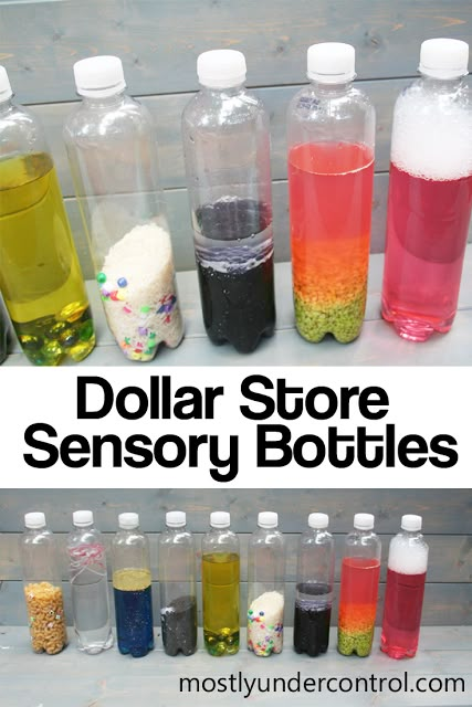 Simple sensory bottles for babies made from items from the Dollar Store Uppfostra Barn, Discovery Bottles, Sensory Bottle, Infant Sensory Activities, Preschool Sensory, Baby Sensory Play, Toddler Sensory, Sensory Ideas, Sensory Bottles