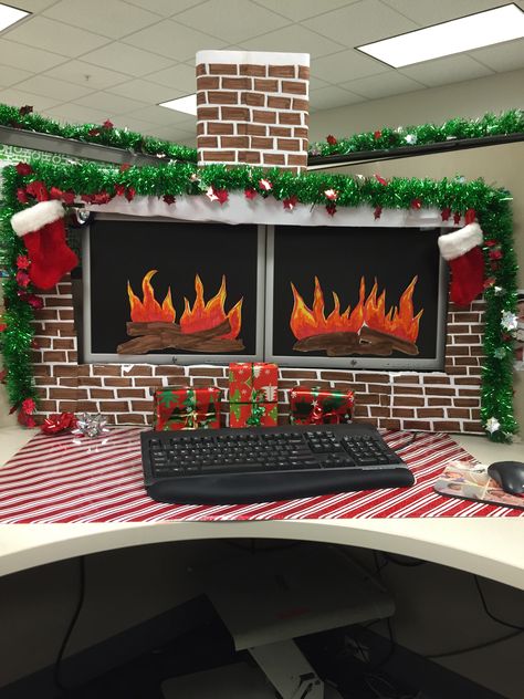 Christmas desk decorations. I have a pin out there without the chimney. I added the chimney today. Christmas Desk Decorations, Christmas Cubicle Decorations, Office Cubicle, Cubicle Decor, Diy Office, Cookie Pops, Office Christmas Decorations, Christmas Bedroom, Christmas Fireplace