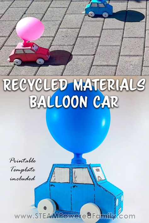 Project With Recycled Materials, Simple Stem Projects, Balloon Powered Car, Kinetic And Potential Energy, Balloon Car, Steam Challenges, Physics Concepts, Balloon Cars, Steam Projects