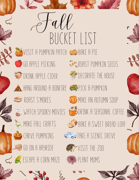 This is a list of fall bucket list full of fall activities. Halloween Things To Do, Fall Checklist, Halloween Bucket List, Fall Family Fun, Herbst Bucket List, Halloween Buckets, Fall Mood Board, Fun Fall Activities, Fall Bucket List