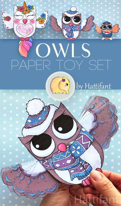 Hattifant's Owl Paper Toy Set - Hattifant's newest paper craft bundle for you to enjoy by coloring and/or crafting. There also is an Owlicorn! Animal Paper Craft, Reward Charts For Kids, Winter Art Ideas, Paper Toy Printable, Origami Templates, Puppet Craft, Owl Paper, Owl Craft, Lunchbox Notes