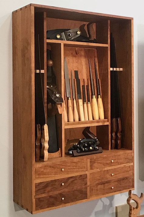 279- Handcrafted Tool Cabinet - FineWoodworking Woodworking Tool Cabinet, Wood Tool Box, Tool Chests, Workbench Designs, Portable Tool Box, Tool Storage Cabinets, Woodworking Tools Storage, Woodworking Cabinets, Woodworking Storage