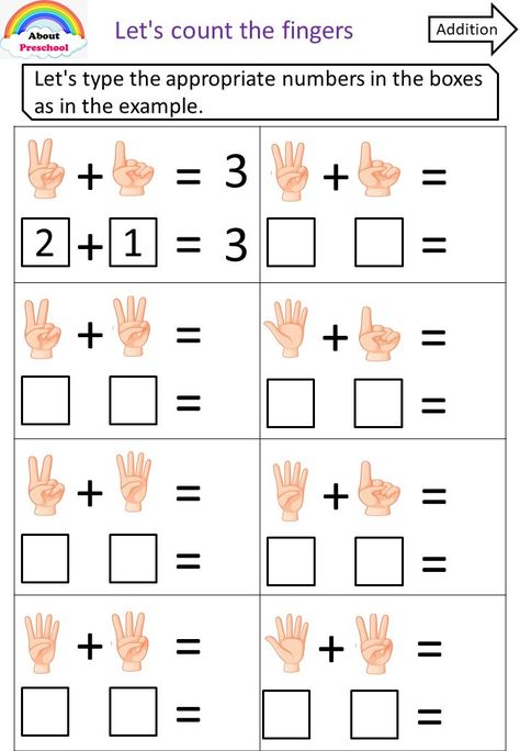 Math Game Preschool, Number For Kid, Finger Addition Worksheet, Maths For Preschoolers, Matematik Prasekolah, Number For Kids, Math Preschool, Kindergarten Math Worksheets Addition, Kindergarten Math Free