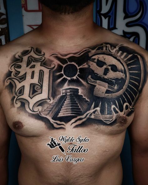 Completed San Diego/Aztec themed chest tattoo. Done over three sessions. By: Luis www.wyldesydestattoo.com #tattoo #tattoos #chesttattoo #tat #tats #aztectattoo #sandiego #wyldesydestattoo #blackandgraytattoo Aztec Shoulder Tattoo, Aztec Wings Tattoo, Aztec Head Tattoo, G Shield Aztec Tattoo, Aztec Gold Tattoo, Shield Tattoo, Aztec Tattoo, Chest Tattoo, Black And Grey Tattoos