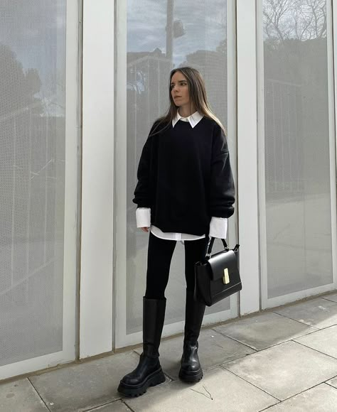 Classy Leggings Outfit Winter, Sweatshirt Button Up Outfit, Long Black Boots Outfit Leggings, Sweatshirt And Button Up Outfit, Long White Boots Outfit Winter, Long Black Boots Outfit Winter Classy, Black Long Boots Outfit Winter, Long Black Boots Outfit Winter, White Button Down Shirt Outfit Winter