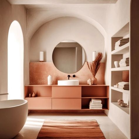 Terracotta Bathroom Ideas, Terracotta Bathroom, Concrete Effect Paint, Color Terracota, Powder Room Decor, Beige Bathroom, Downstairs Bathroom, Sink Design, Bathroom Inspiration Decor