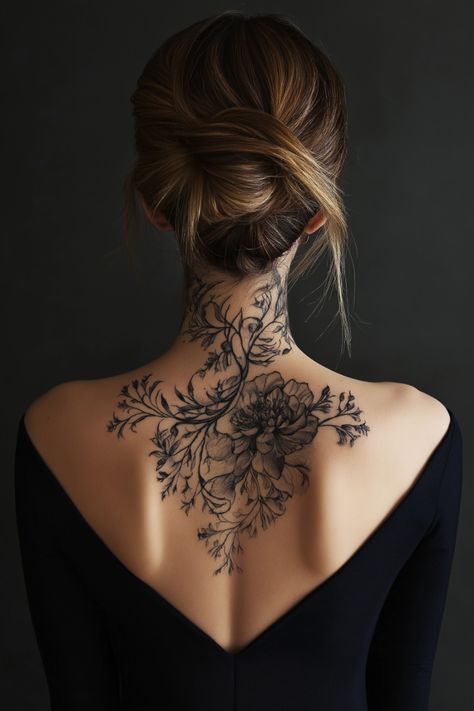 Back And Neck Tattoos For Women, Back Shoulder Neck Tattoo, Neck And Back Tattoos For Women, Feminine Back Of Neck Tattoos, Feminine Upper Back Tattoos, Tattoo Back Of Neck Women, Neck Tatoos Woman, Floral Back Piece Tattoo, Neck And Shoulder Tattoos For Women