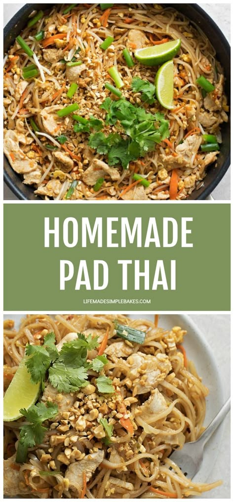 Filled with sprouts, carrots, chicken and onion and cooked in a homemade sauce, this Pad Thai recipe has become a family favorite! It's simple and tastes jus like that found at the restaurants.#padthai #homemadepadthaisauce #homemadepadthai Pad Thai Recipe Easy, Carrots Chicken, Homemade Pad Thai, Chicken Pad Thai, Pad Thai Sauce, Thai Recipe, Pad Thai Recipe, Homemade Sauce, Asian Cooking