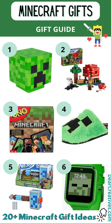 Minecraft gifts, Minecraft toys, and collector items - If you have or know a gamer who loves Minecraft you need to see this list of ideas of what to give them for birthdays, Christmas, and other holidays! Find this list of Minecraft gifts, and more gift lists and gift guides at DearCreatives.com (image Minecraft Creeper Light, Minecraft Legos, Minecraft Uno, Unisex Minecraft slippers, Nerf Minecraft, Minecraft educational watch...) Minecraft Gift Ideas, Minecraft Gifts, Kids Gift Ideas, Minecraft Toys, Diy Stocking Stuffers, Diy Stockings, Presents For Boys, Gift Ideas Christmas, Snowman Mugs