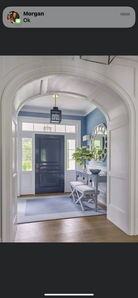 Blue And White Living Room, Beautiful Houses Interior, Foyer Design, Transom Windows, Beach House Interior, House Entrance, Florida Home, House Inspo, Dream Home Design