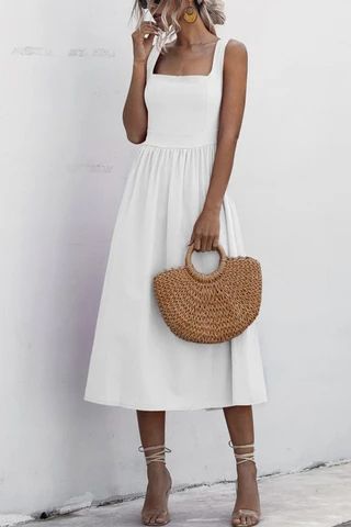 Sun Dresses Casual, Petite Bloggers, Backless Slip Dress, Dresses Night, Long Dress Summer, Backless Dress Summer, White Boho Dress, Midi Sundress, Night Dress For Women