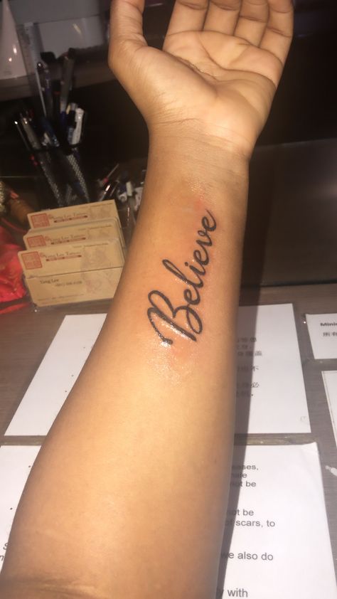 Believe tattoo designs Believe Tattoo Design, Believe Tattoo, Medium Size Tattoos, Believe Tattoos, God Tattoos, Stylist Tattoos, Small Tattoos For Guys, Thank God, Tattoo Design