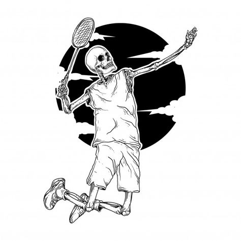 Black and white hand drawn illustration ... | Premium Vector #Freepik #vector #sport #skull #happy #silhouette Badminton Smash, Badminton Player, Layered Cut, The Skeleton, Drawn Illustration, White Hand, Mtb Bike, Layered Cuts, Cartoon Illustration