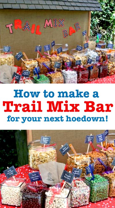 Make a cute Trail Mix Bar at your next party! Sophie's World Trail Mix Bar Party, Snack Mix Bar Ideas, Trail Mix Station, Make Your Own Snack Mix Bar, Chex Mix Bar, Potluck Bars, Breakroom Snack Ideas, Fall Trail Mix Bar, Trail Mix Bar Ideas