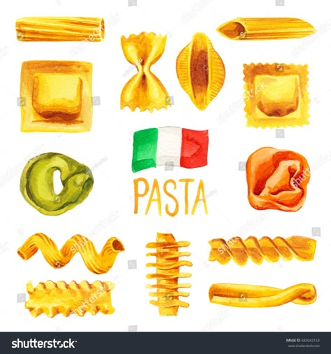 Pasta Watercolor Illustration, Pasta Watercolor, Pasta Logo, Pasta Illustration, Flag Of Italy, Italy Party, Recipe Book Diy, Watercolor Food, Pasta Food