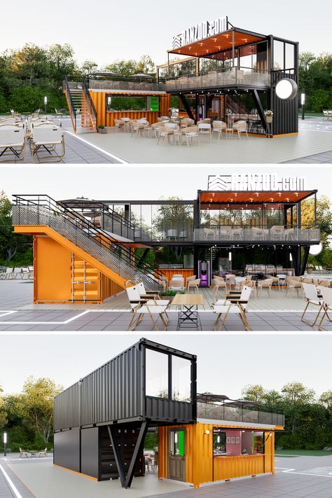 A modern leisure space composed of three containers, featuring a spacious second-floor balcony and supported by V-shaped steel columns on the first floor. The design showcases a sleek black and orange color scheme, ideal for relaxation and social activities. Container Commercial Building, Commercial Bar Design, Pub Design Ideas, Sport Bar Design, Shipping Container Restaurant, Spacious Balcony, Rooftop Restaurant Design, Small Restaurant Design, Restaurant Flooring